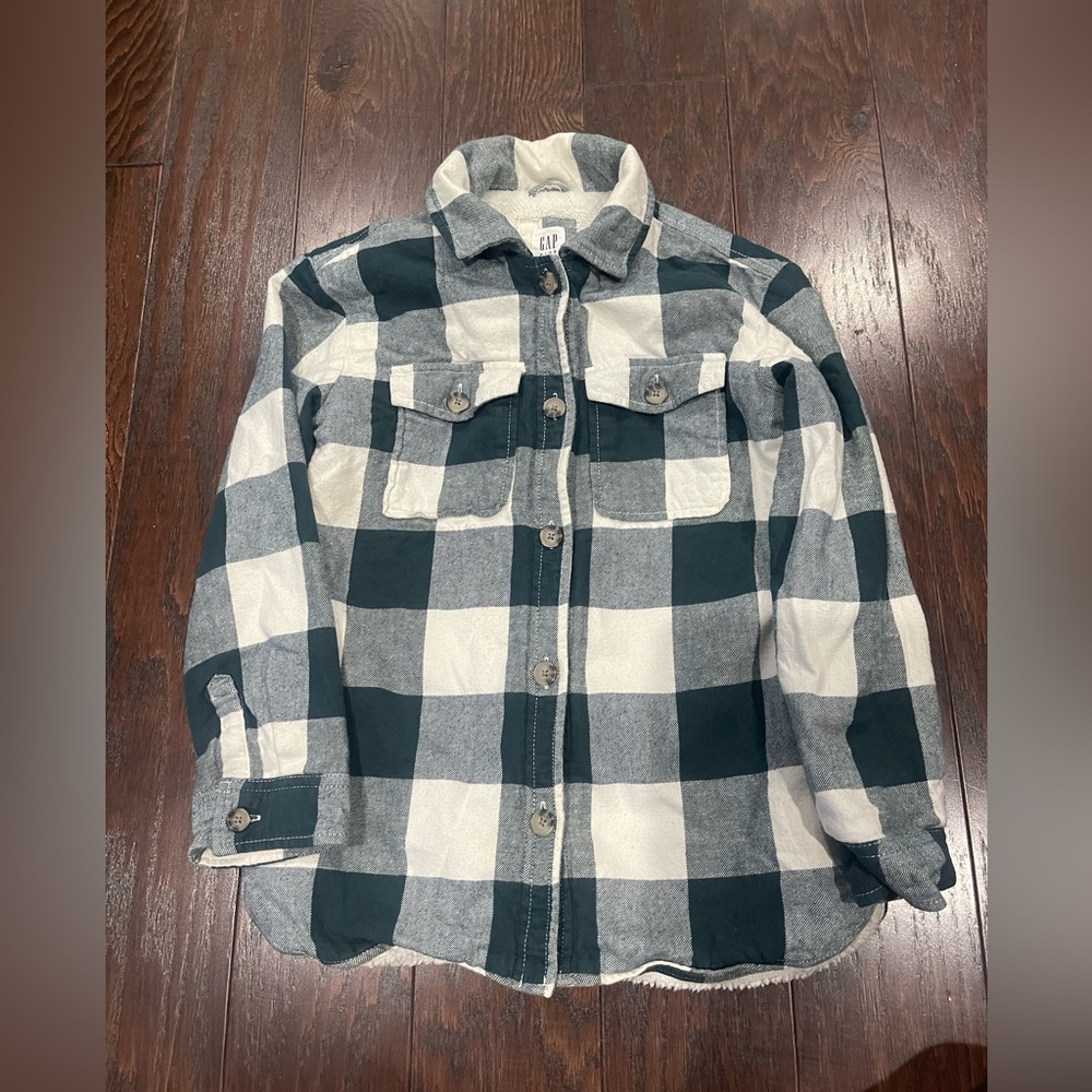 GAP Kids Plaid Green Sherpa Lined Shirt Jacket Shacket Girls Size Large